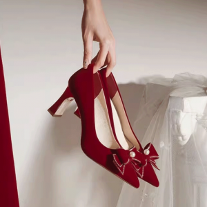 Red high-heeled wedding shoes with a chunky heel